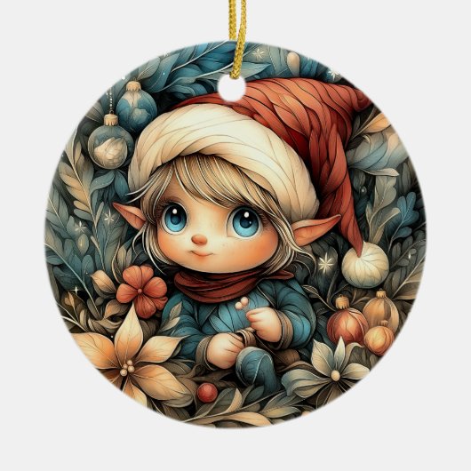 Schattige kerstelf  keramisch ornament (Voorkant)