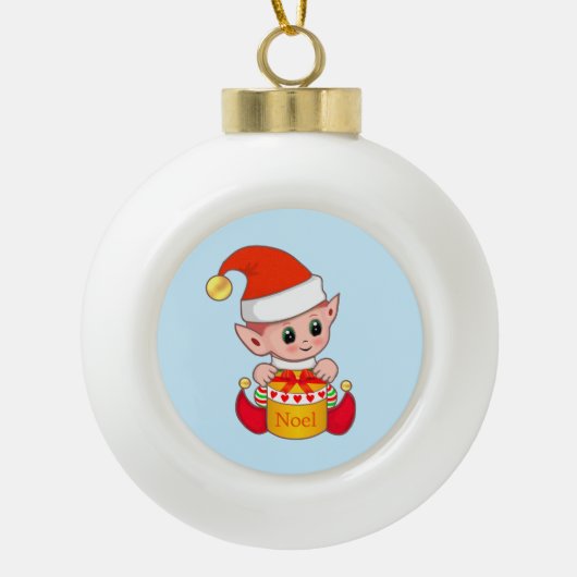 Schattige Kerstelf Keramische Bal Ornament (Voorkant)