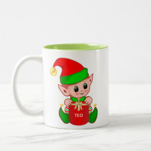 Schattige Kerstelf met cadeaudoos & bewerkbare tek Tweekleurige Koffiemok