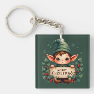 Schattige Kerstelf met vrolijk bord Groen Sleutelhanger