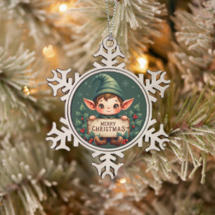 Schattige Kerstelf met vrolijk bord groen Tin Sneeuwvlok Ornament