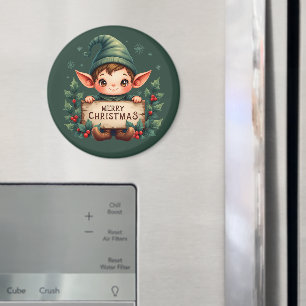Schattige Kerstelf met vrolijk bord in het groen Magneet