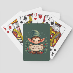 Schattige Kerstelf met vrolijk bord in het groen Pokerkaarten