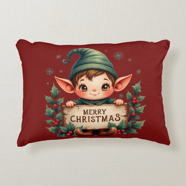 Schattige Kerstelf met vrolijk bord rood Accent Kussen (Voorkant)