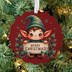 Schattige Kerstelf met vrolijk bord Rood Ornament Kaart