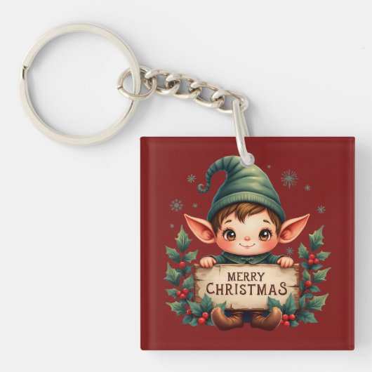 Schattige Kerstelf met vrolijk bord Rood Sleutelhanger (Voorkant)