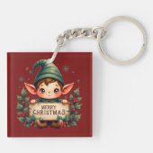 Schattige Kerstelf met vrolijk bord Rood Sleutelhanger (Achterkant)