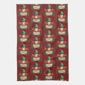 Schattige Kerstelf met vrolijk bord rood Theedoek (Verticaal)