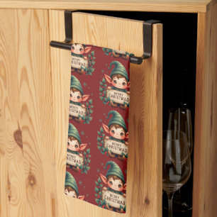 Schattige Kerstelf met vrolijk bord rood Theedoek