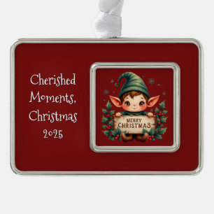 Schattige Kerstelf met vrolijk bord Rood Verzilverd Omlijst Ornament