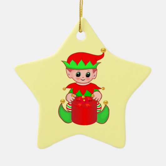 Schattige Kerstelf op Geel Keramisch Ornament (Voorkant)