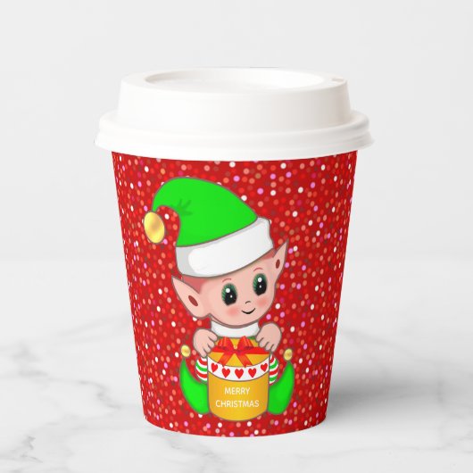 Schattige Kerstelf op Rode Glitters Papieren Bekers (Voorkant)