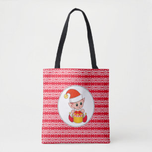 Schattige Kerstelf op rood & wit Tote Bag