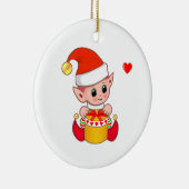 Schattige Kerstelf op Wit Keramisch Ornament (Rechts)