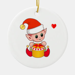 Schattige Kerstelf op Wit Keramisch Ornament