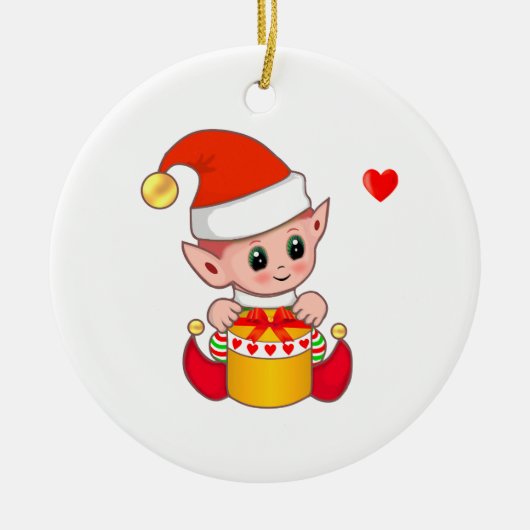 Schattige Kerstelf op Wit Keramisch Ornament (Voorkant)