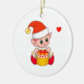 Schattige Kerstelf op Wit Keramisch Ornament (Links)