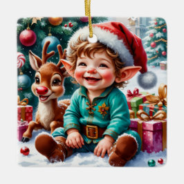 Schattige Kerstelf & Rendier Keramisch Ornament