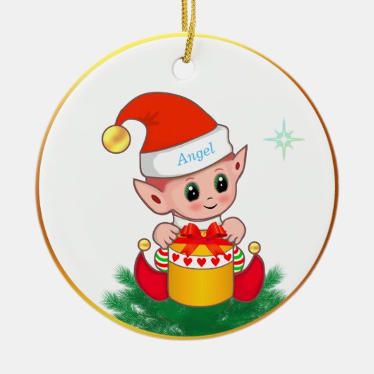 Schattige Kerstelf & ster op wit Keramisch Ornament (Voorkant)