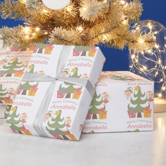 Schattige Kerstelfjes Aangepaste Naam Cadeaupapier (Feestdagen)
