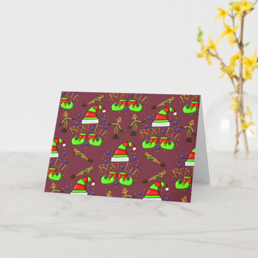 Schattige Kerstelfjes Kerstmis Kaart (Gele Bloem)