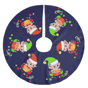 Schattige Kerstelfjes op Navyblauw Kerstboom Rok