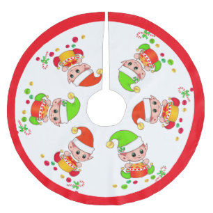 Schattige Kerstelfjes op Wit met Rode Frame Kerstboom Rok
