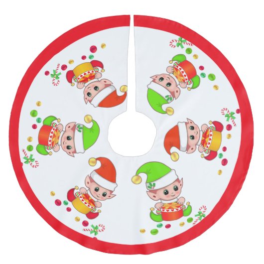 Schattige Kerstelfjes op Wit met Rode Frame Kerstboom Rok (Voorkant)