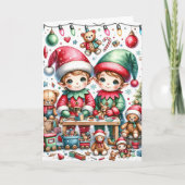Schattige kerstelven in hun Speelgoed-winkel Feestdagen Kaart (Voorkant)