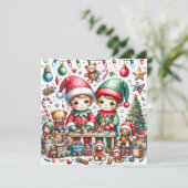 Schattige kerstelven in hun Speelgoed-winkel Feestdagenkaart (Staand voorkant)