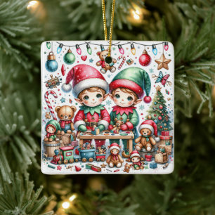 Schattige kerstelven in hun Speelgoed-winkel Keramisch Ornament