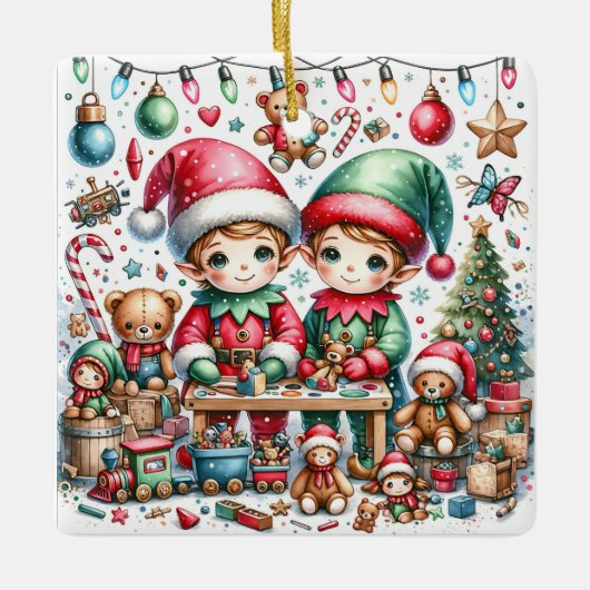 Schattige kerstelven in hun Speelgoed-winkel Keramisch Ornament (Voorkant)