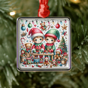 Schattige kerstelven in hun Speelgoed-winkel Metalen Ornament