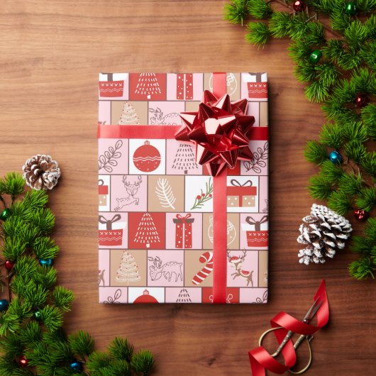 Schattige kerstfeest rood roze cadeaupapier (Feestdagen Geschenken)