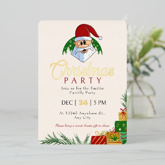 Schattige Kerstfeest Santa Feestelijk Elegant Bloe Folie Uitnodiging (Staand Voorkant)