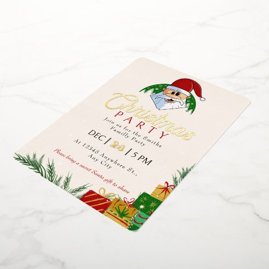 Schattige Kerstfeest Santa Feestelijk Elegant Bloe Folie Uitnodiging (Gedraaid)