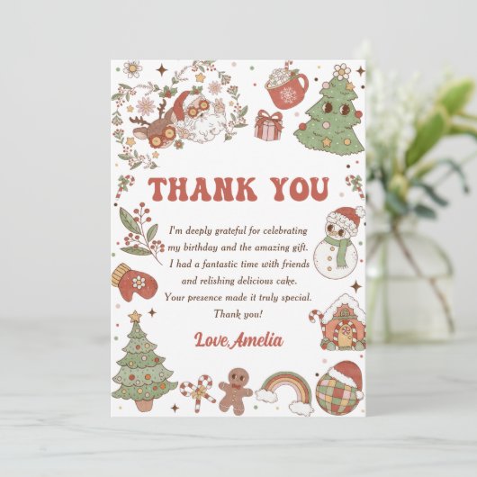 Schattige kerstfeest verjaardagsfeestje bedankje kaart (Staand voorkant)