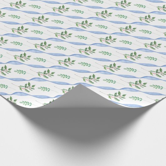 Schattige kerstfeestdag blauw lint Holly Gift Cadeaupapier (Hoek)