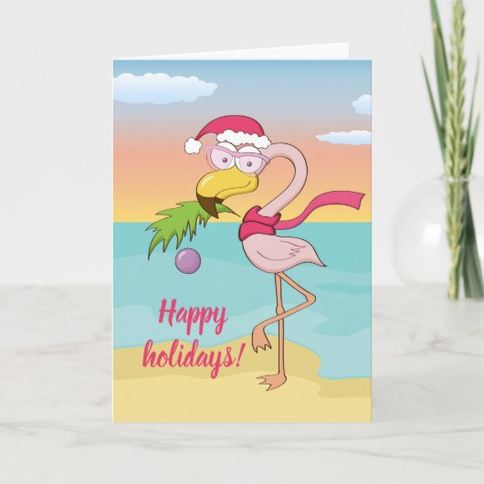 Schattige Kerstflamingo op het strand Aangepaste t Feestdagen Kaart (Voorkant)