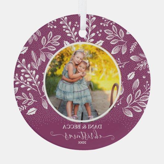 Schattige kerstfoto van Plum Glas Ornament (Achterkant)