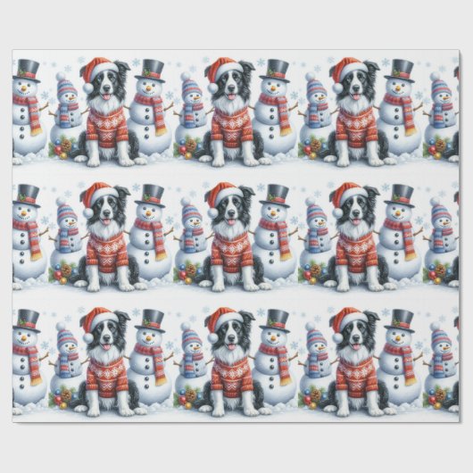 Schattige Kerstgrenscollie-hond en Sneeuwman Cadeaupapier (Vlak)