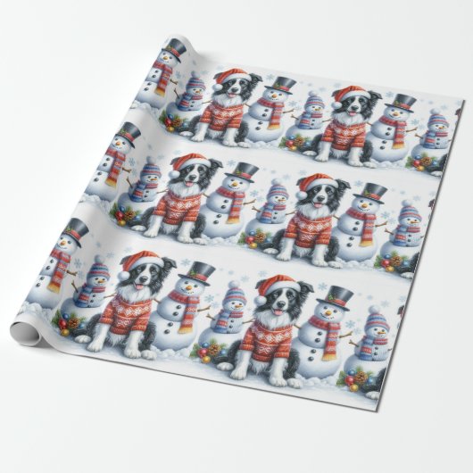 Schattige Kerstgrenscollie-hond en Sneeuwman Cadeaupapier (Uitgerold)