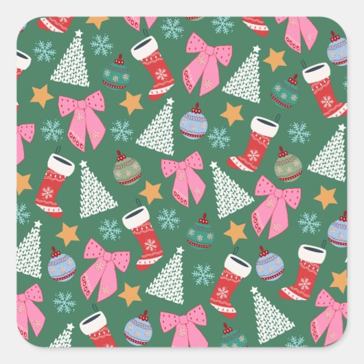 Schattige kerstgroen vierkante sticker (Voorkant)