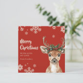 Schattige kersthert met gewei en bloemkroon feestdagenkaart (Staand voorkant)