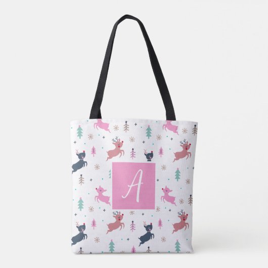 Schattige Kerstherten en Bomen Monogram Wit Tote Bag (Achterkant)