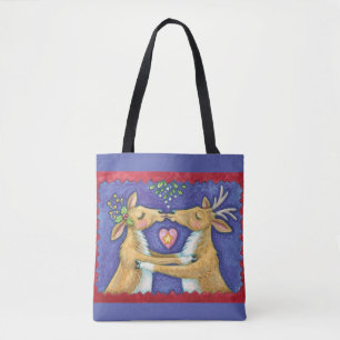 Schattige Kerstherten, Romantische Kus met Mistele Tote Bag