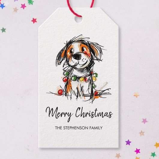 Schattige Kersthond Schets Illustratie Cadeaulabel