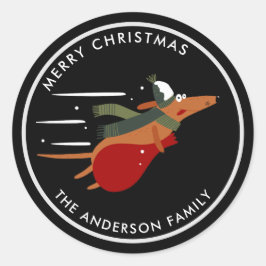 Schattige kersthond zwart ronde sticker