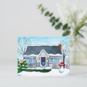 Schattige kersthuis, sneeuwman, winter briefkaart (Staand voorkant)