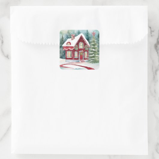 Schattige kersthuis vierkante sticker (Tas)
